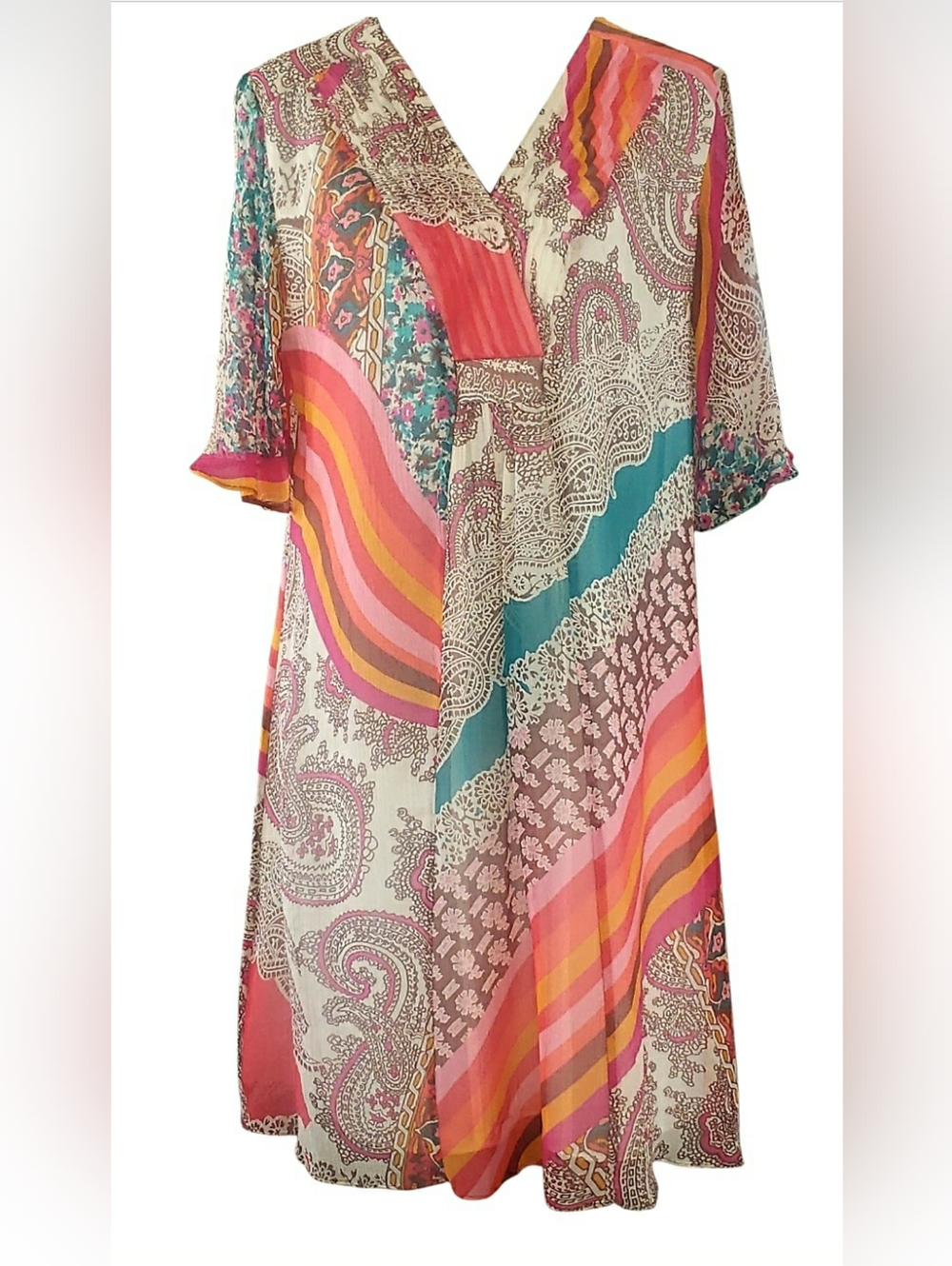 Vintage Y2K Silk Patchwork Cottage Dopamine Paisley Artisy Floral Rainbow Dress - Picture 2 of 8